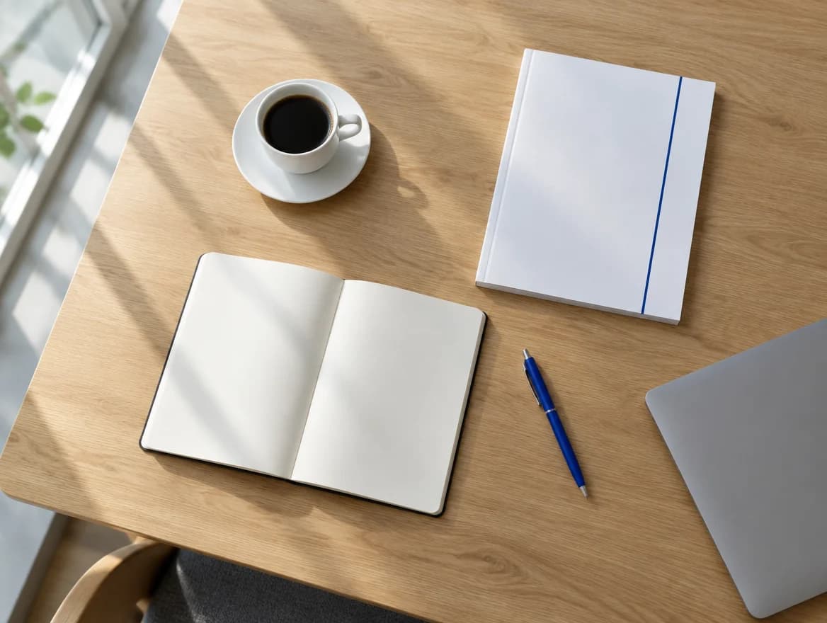 Besprechungstisch von oben mit Notizbuch, Bericht, Kaffee und blauem Stift