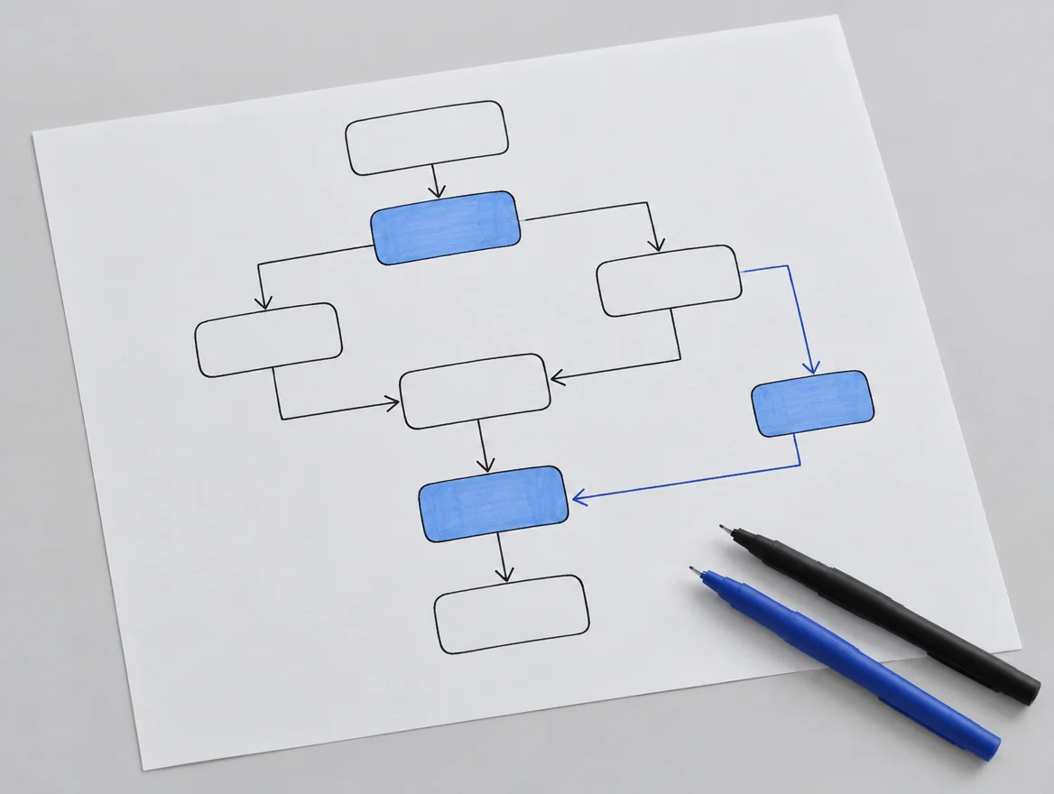 Handgezeichnetes Ablaufdiagramm auf Papier, einzelne Schritte blau markiert